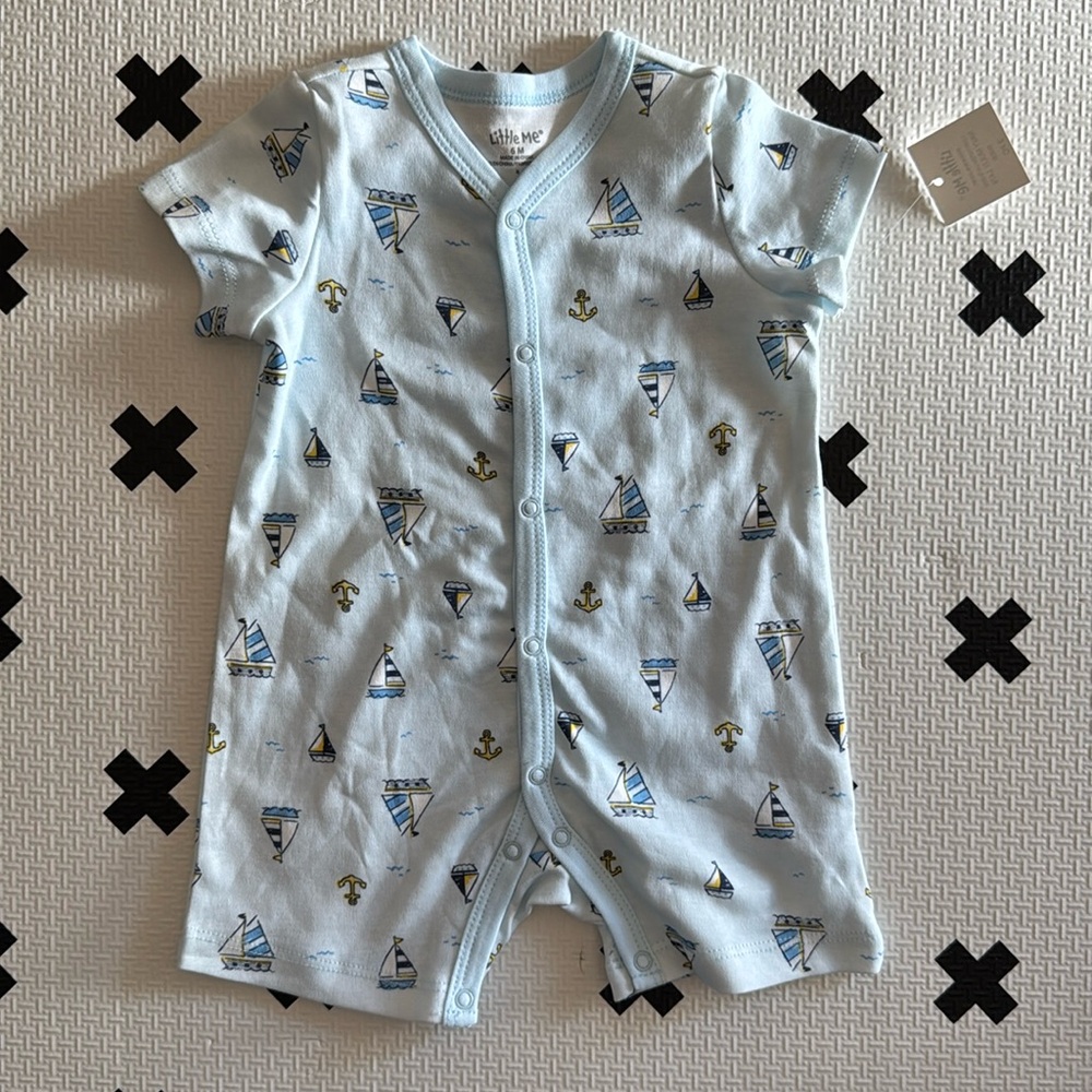 Little Me blue button down romper 6m